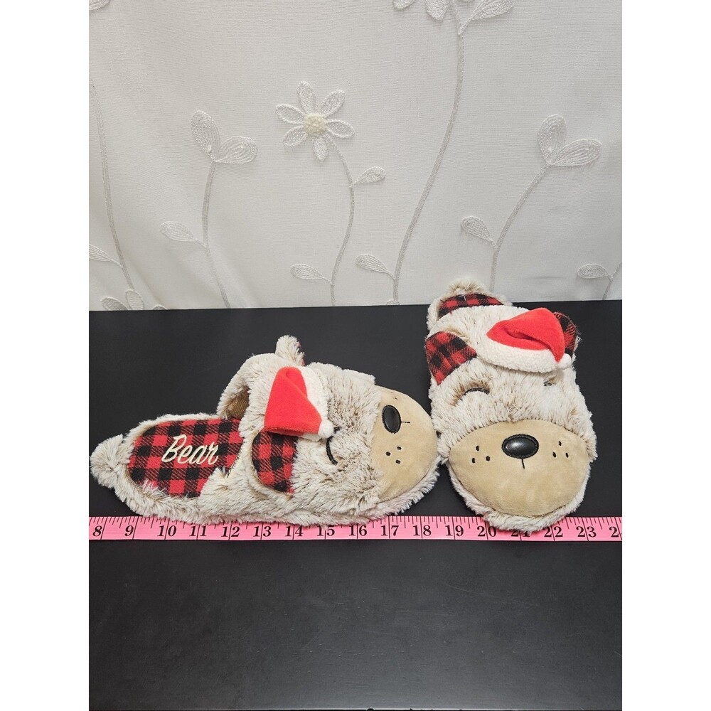 Dearfoams Womens 7-8 Slippers Lil Bear Christmas Plaid Lounge Pajama Holiday Fun